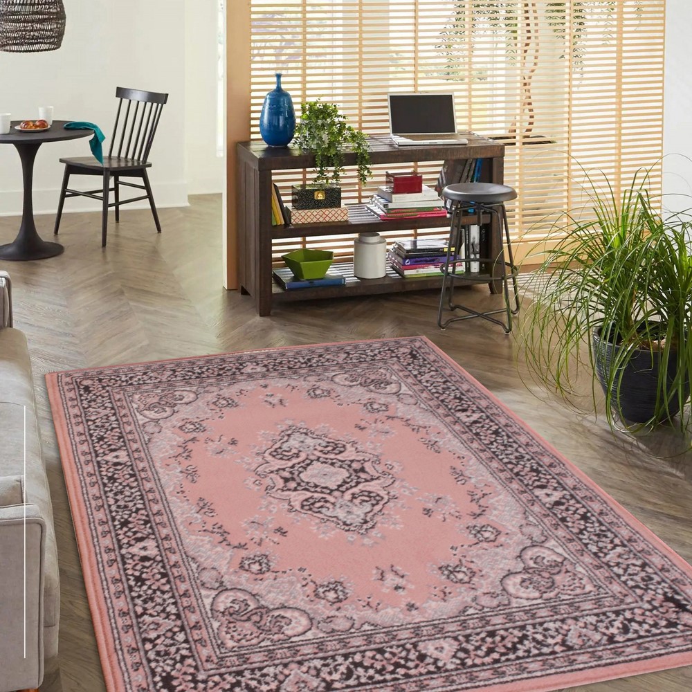 Traditional Poly Lancashire Medallion Border Rugs in Blush Pink