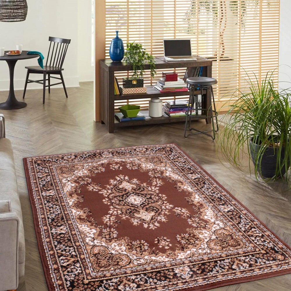 Traditional Poly Lancashire Medallion Border Rugs in Chocolate Brown