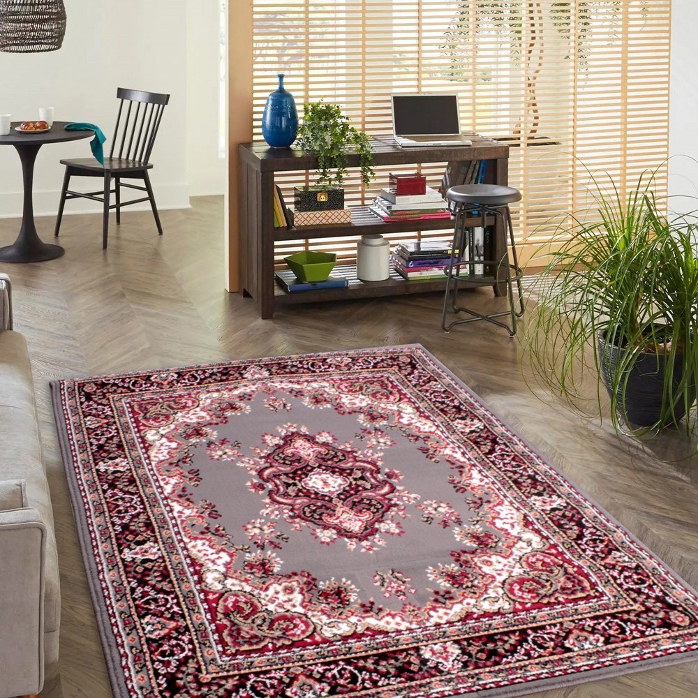 Traditional Poly Lancashire Medallion Border Rugs in Grey