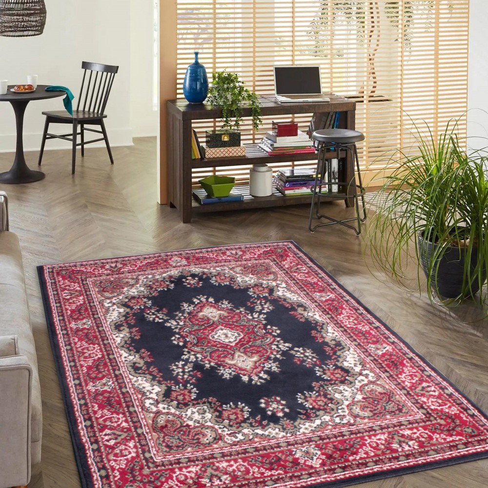 Traditional Poly Lancashire Medallion Border Rugs in Navy Blue