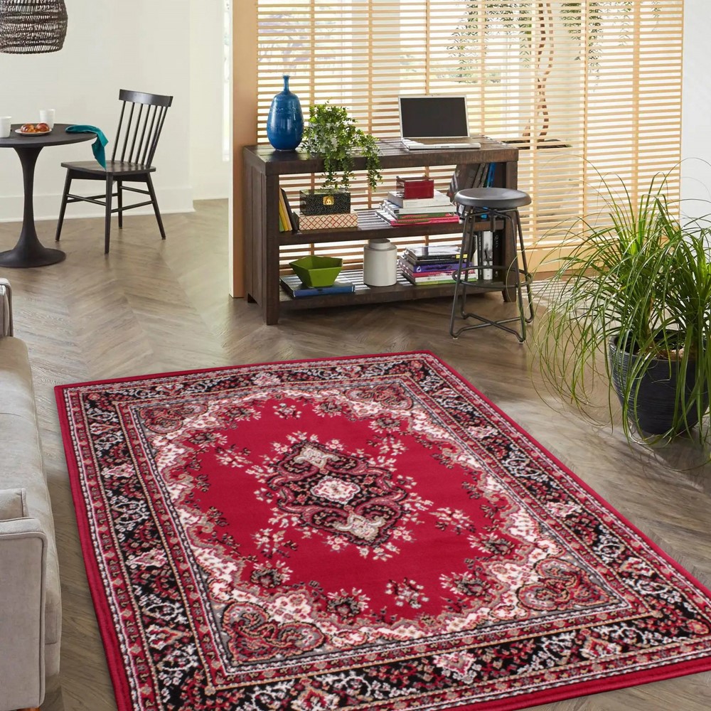 Traditional Poly Lancashire Medallion Border Rugs in Red