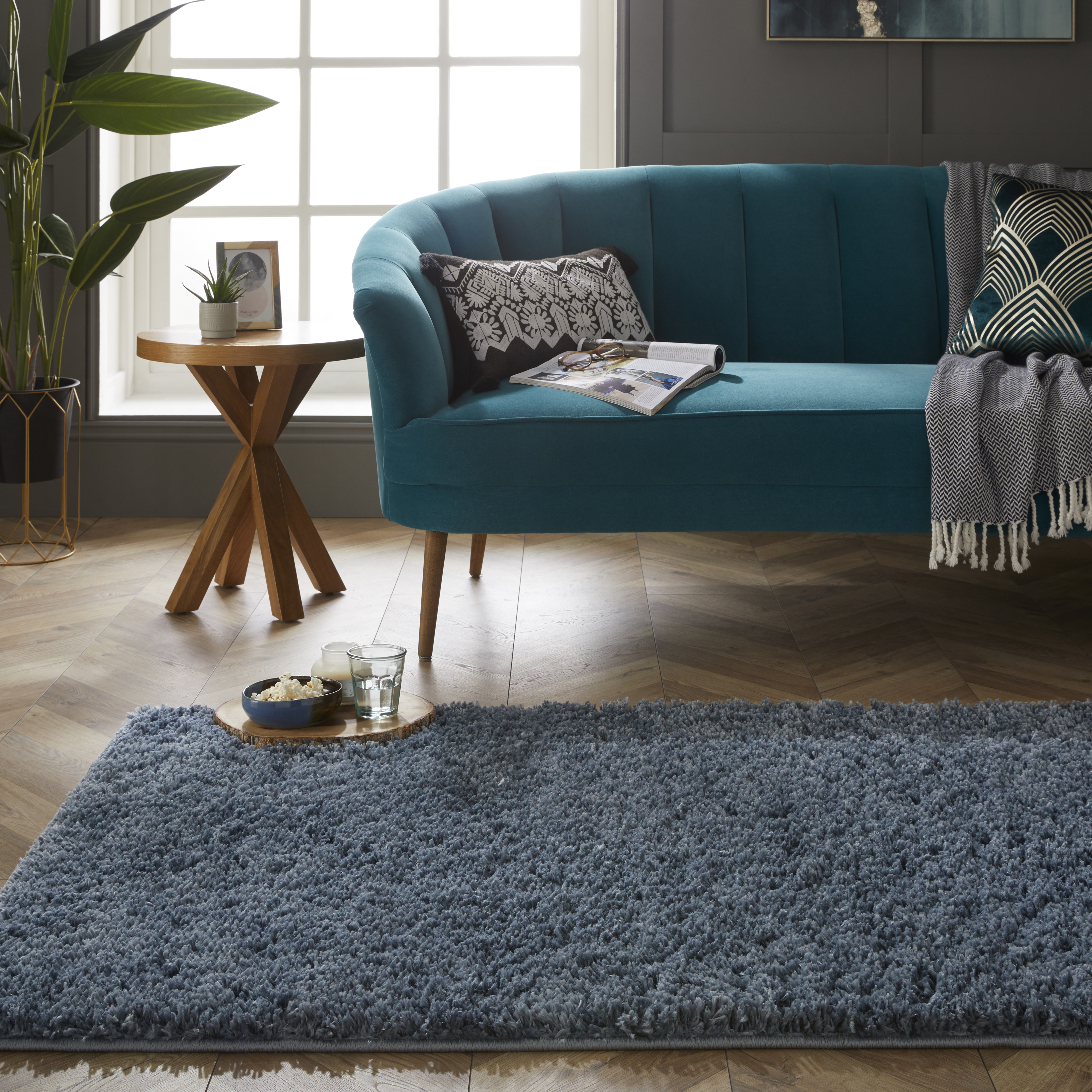 Larissa Washable Plain Shaggy Rug In Blue