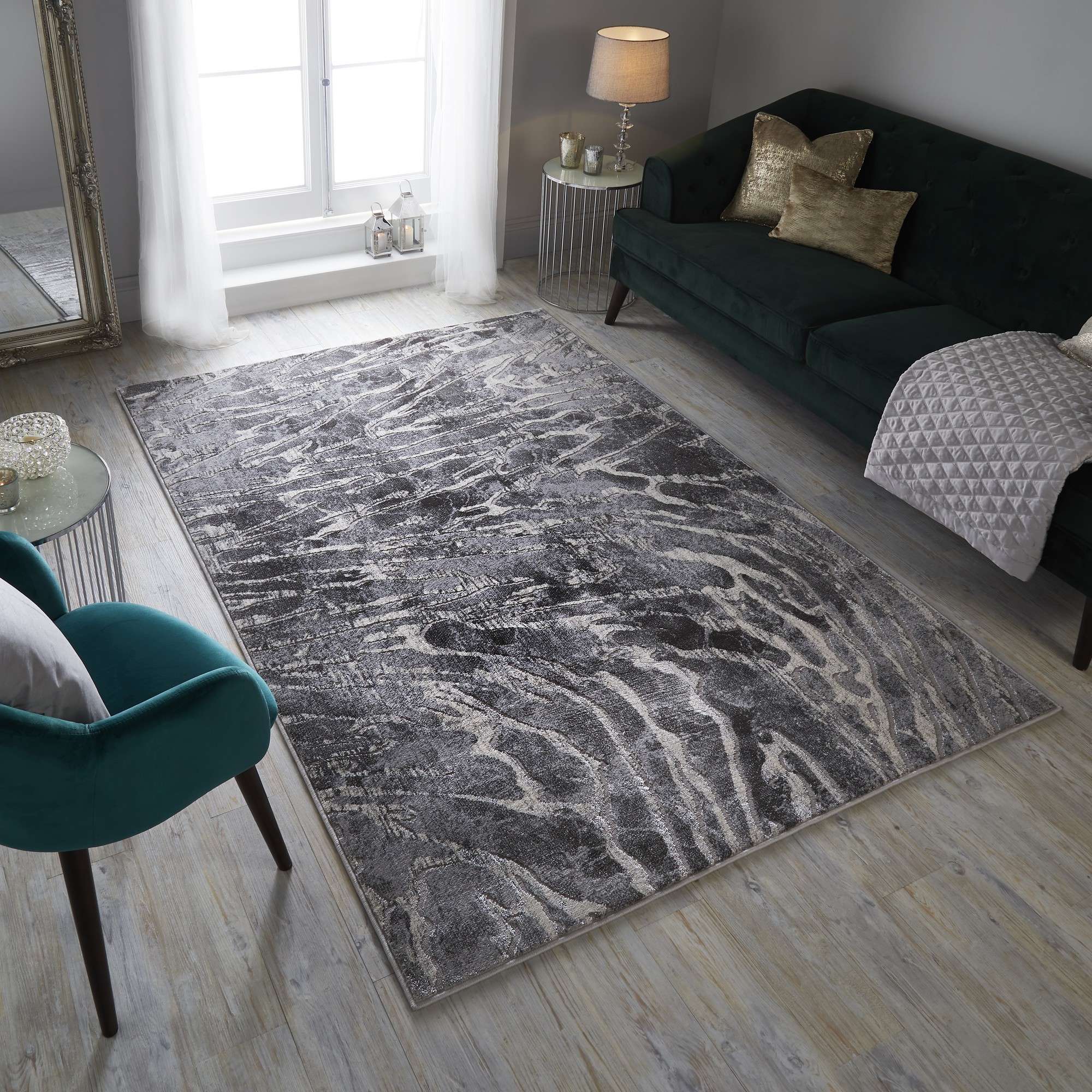 Eris Lyra Modern Distressed Abstract Rugs In Silver And Grey