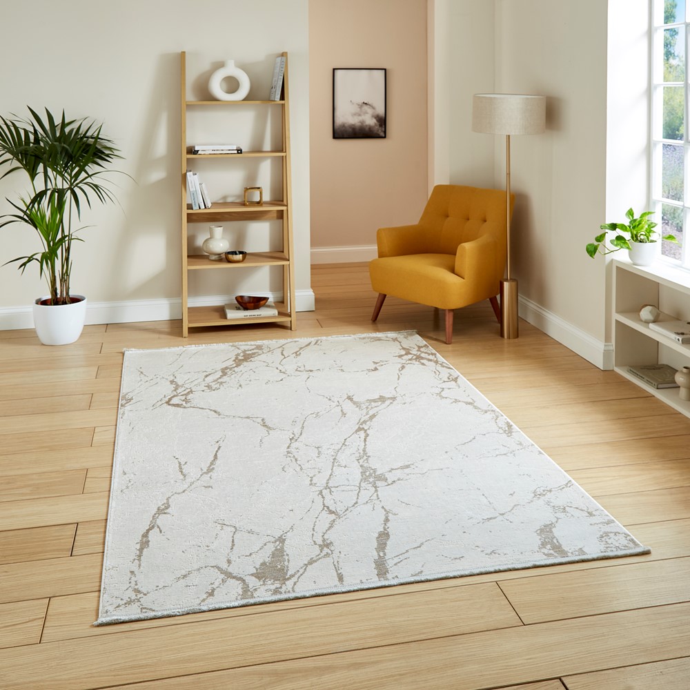 Mirage MR15 Modern Abstract Marble Metallic Rugs in Cream White