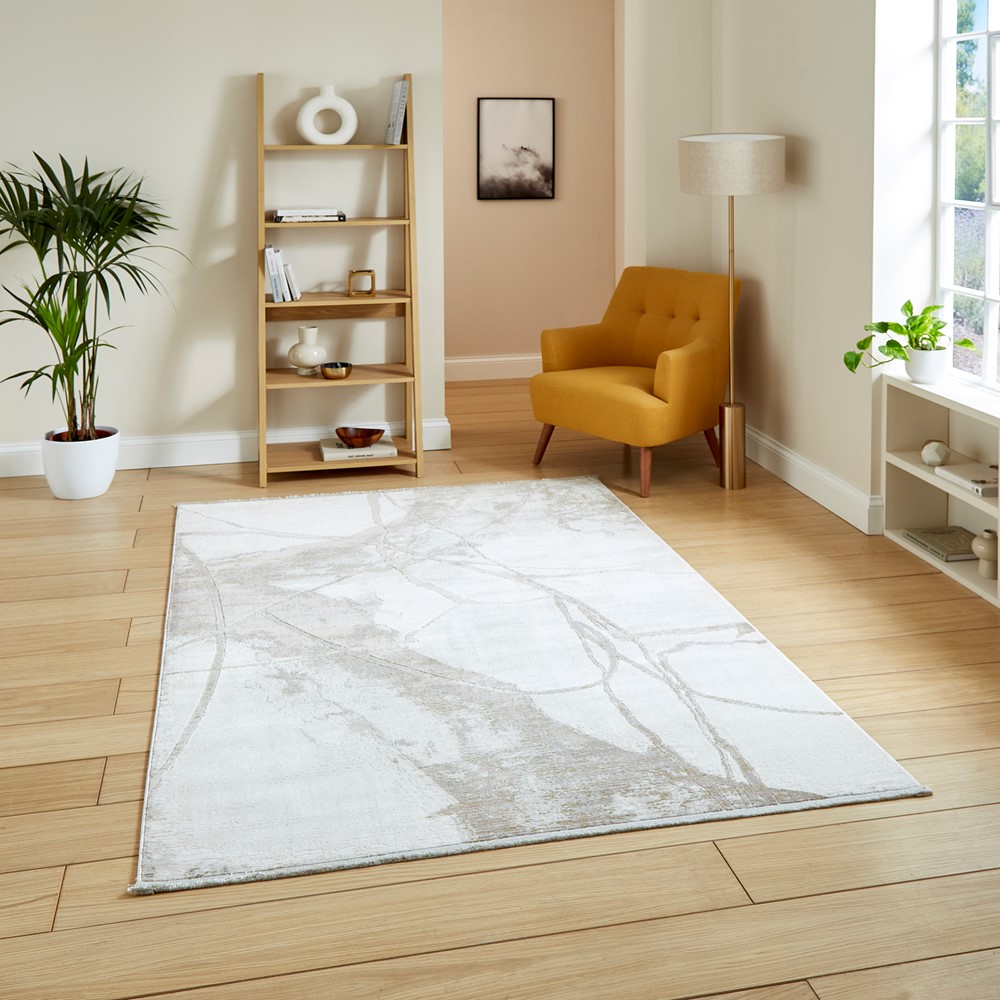 Mirage MR26 Modern Abstract Marble Metallic Rugs in Cream White