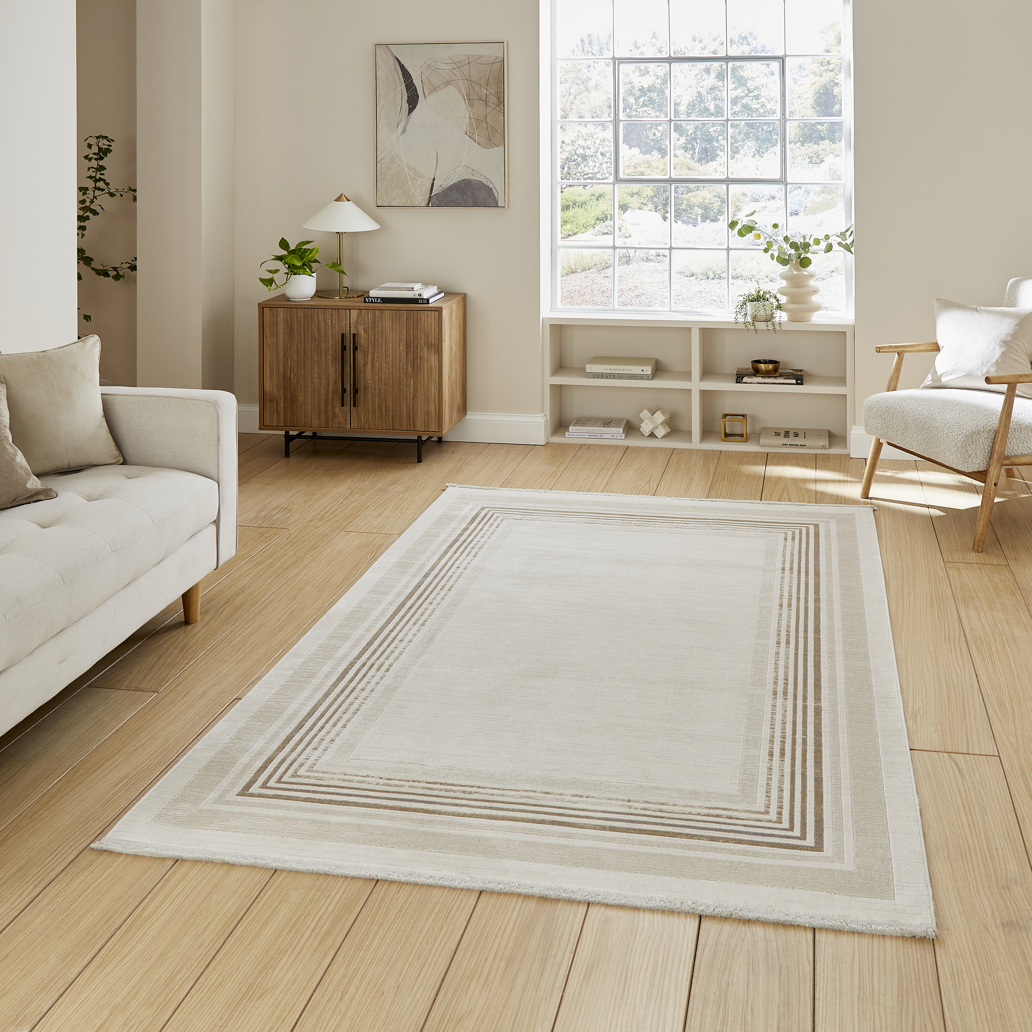 Mirage Mr38 Modern Striped Border Metallic Rugs In Cream White