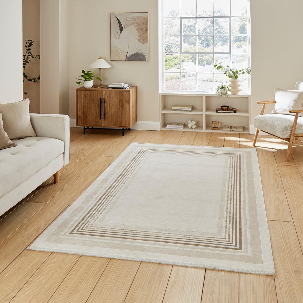 Mirage MR38 Modern Striped Border Metallic Rugs in Cream White