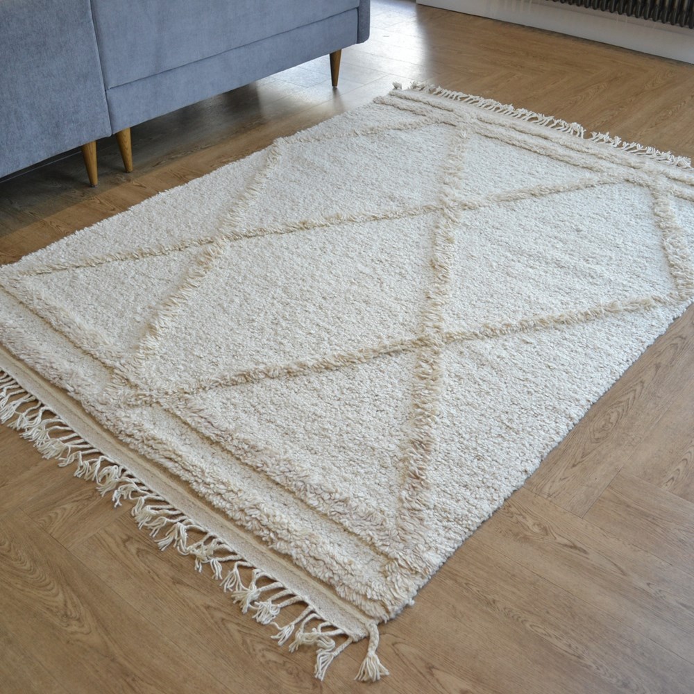 Malaga Textured Abstract Wool Rugs in Cream White