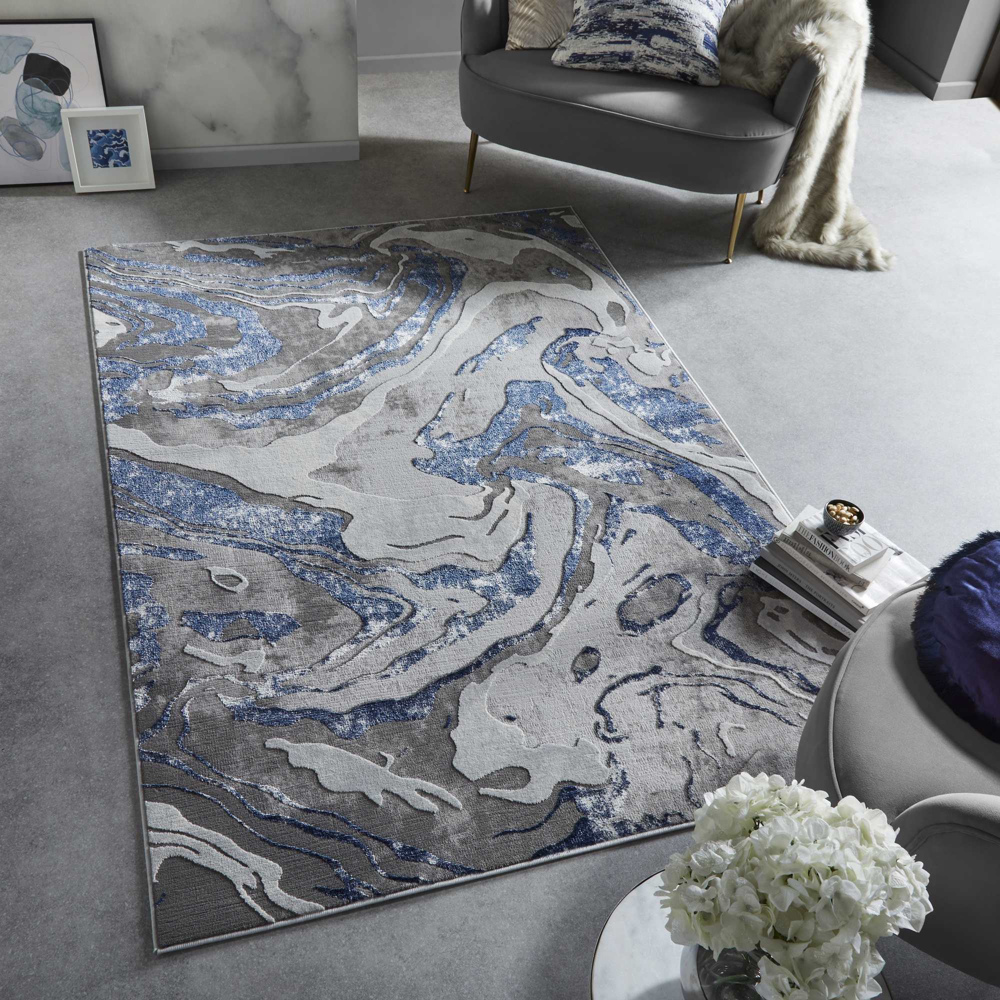 Marbled Modern Abstract Rugs In Navy Blue