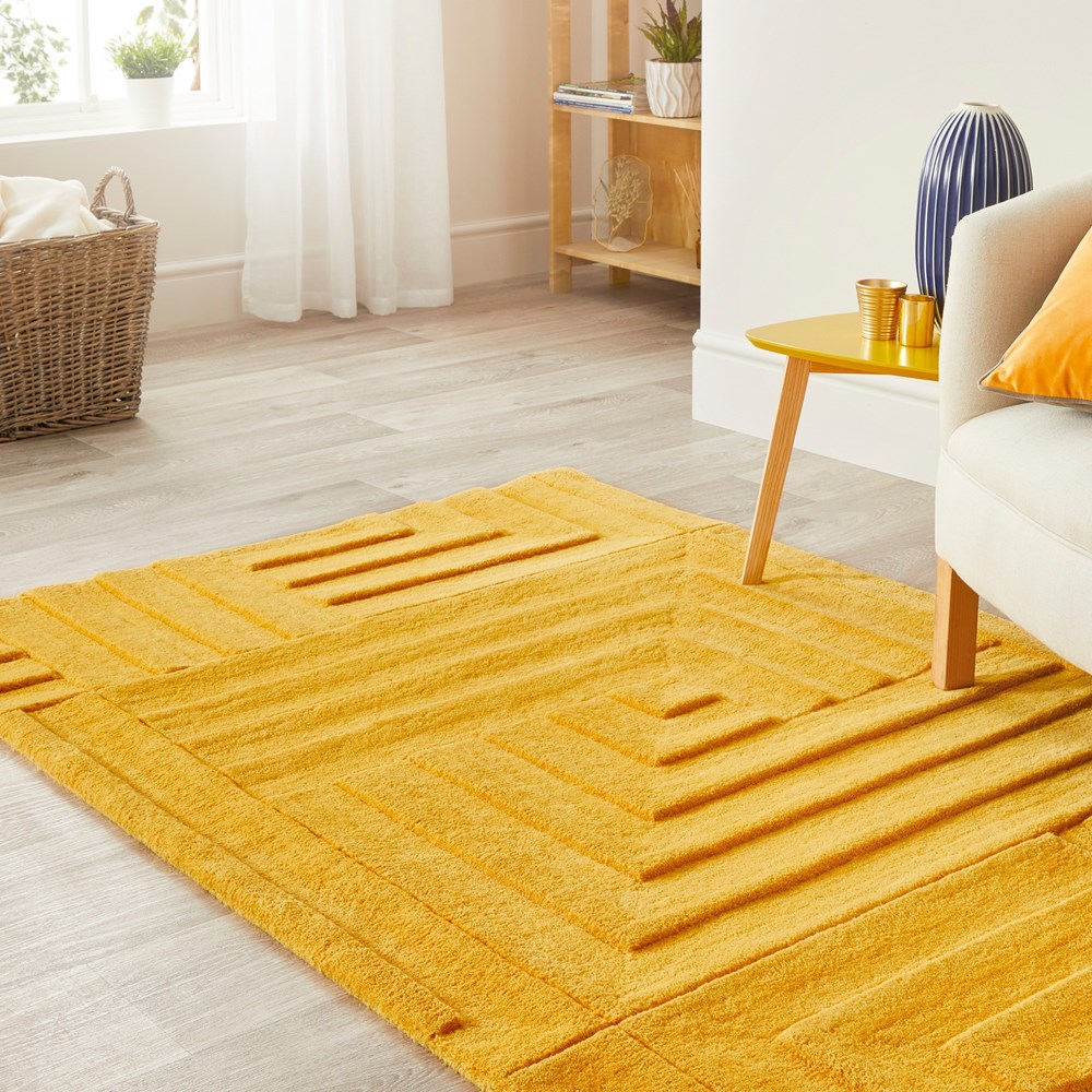 Linear Geometric Wool Rugs in Ochre yellow