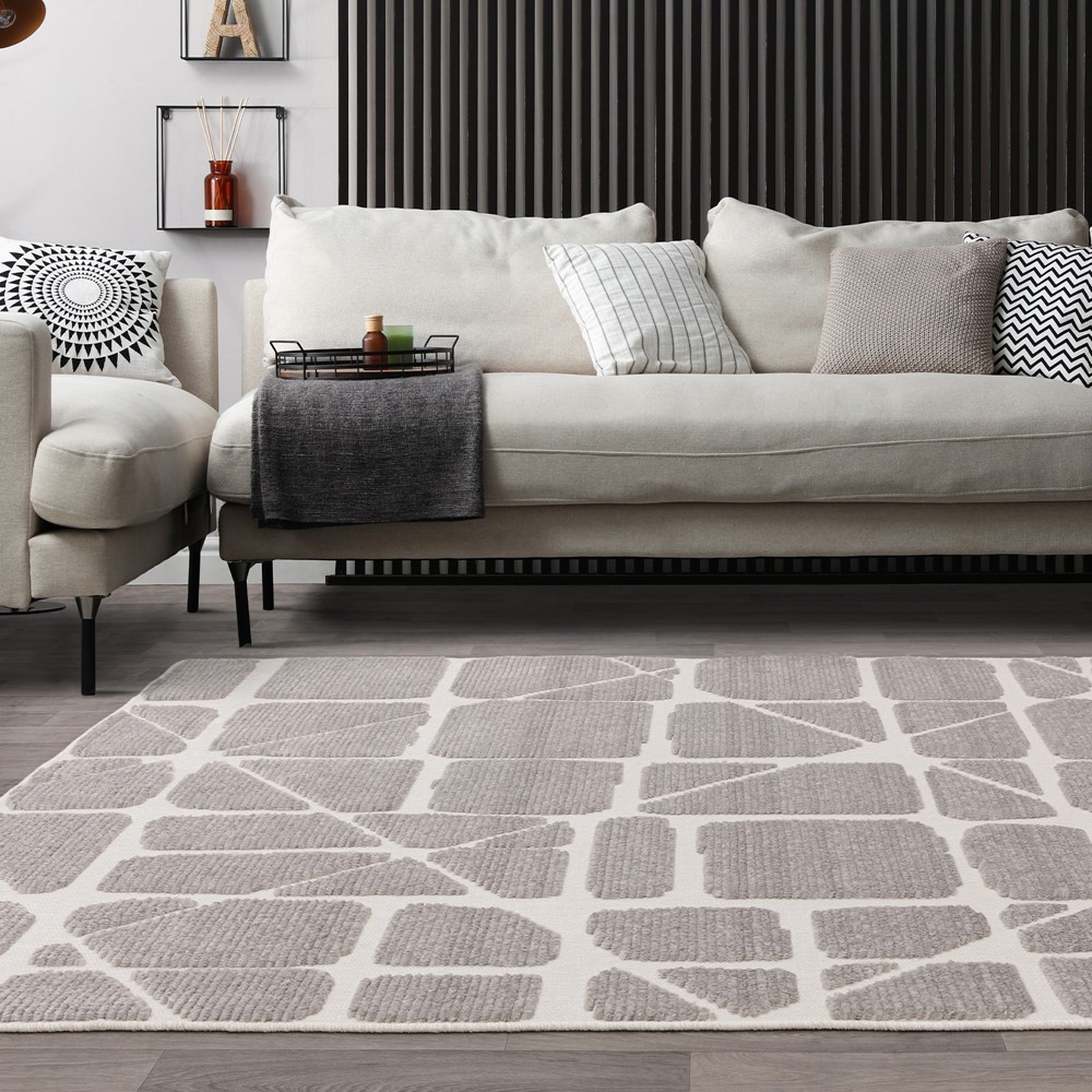 Freja Method Boho Textured Geometric Washable Rugs in Grey