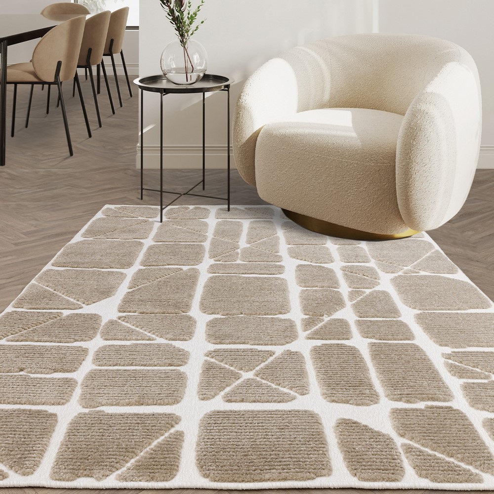 Freja Method Boho Textured Geometric Washable Rugs in Sand Natural