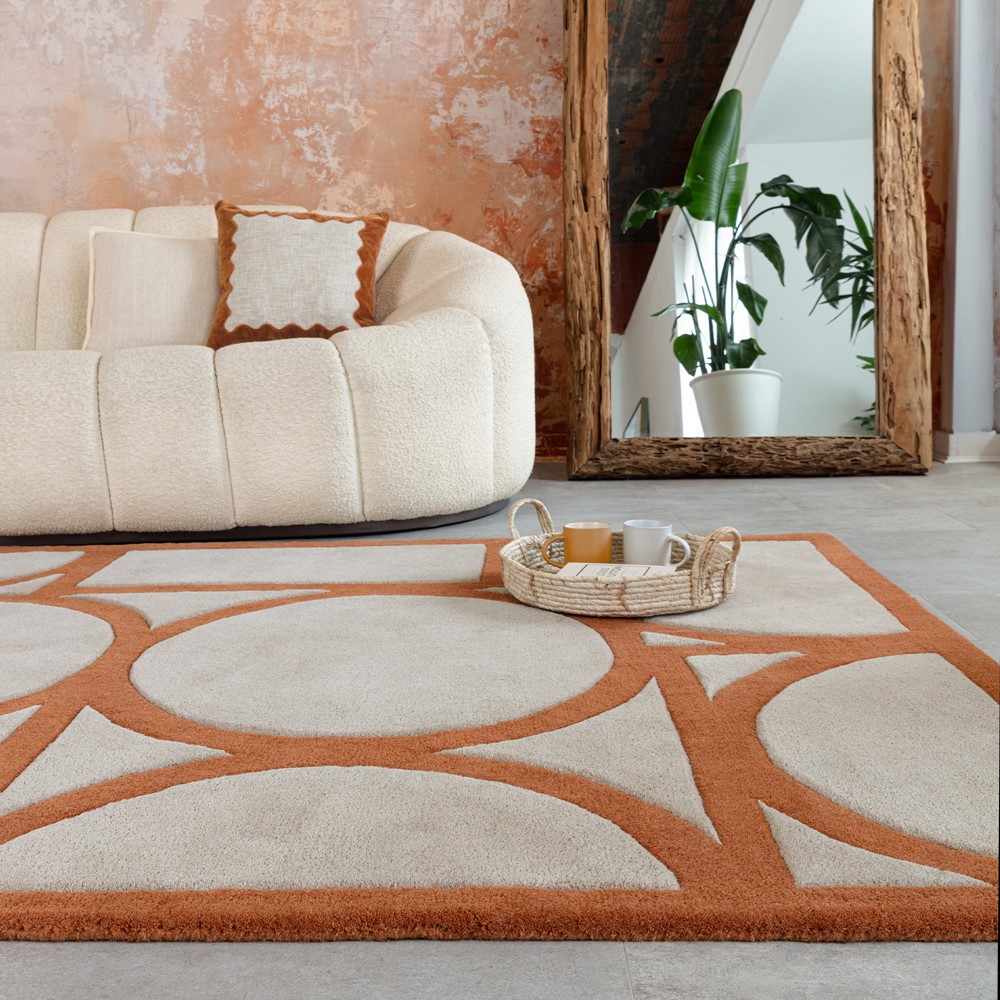 Metro Geometric Carved Wool Rugs in Rust Orange