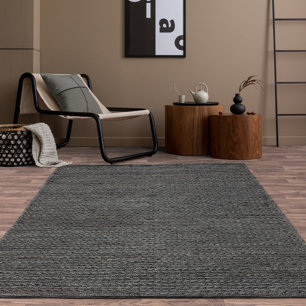 Oakley Natural Braided Jute Woven Rugs in Charcoal Grey