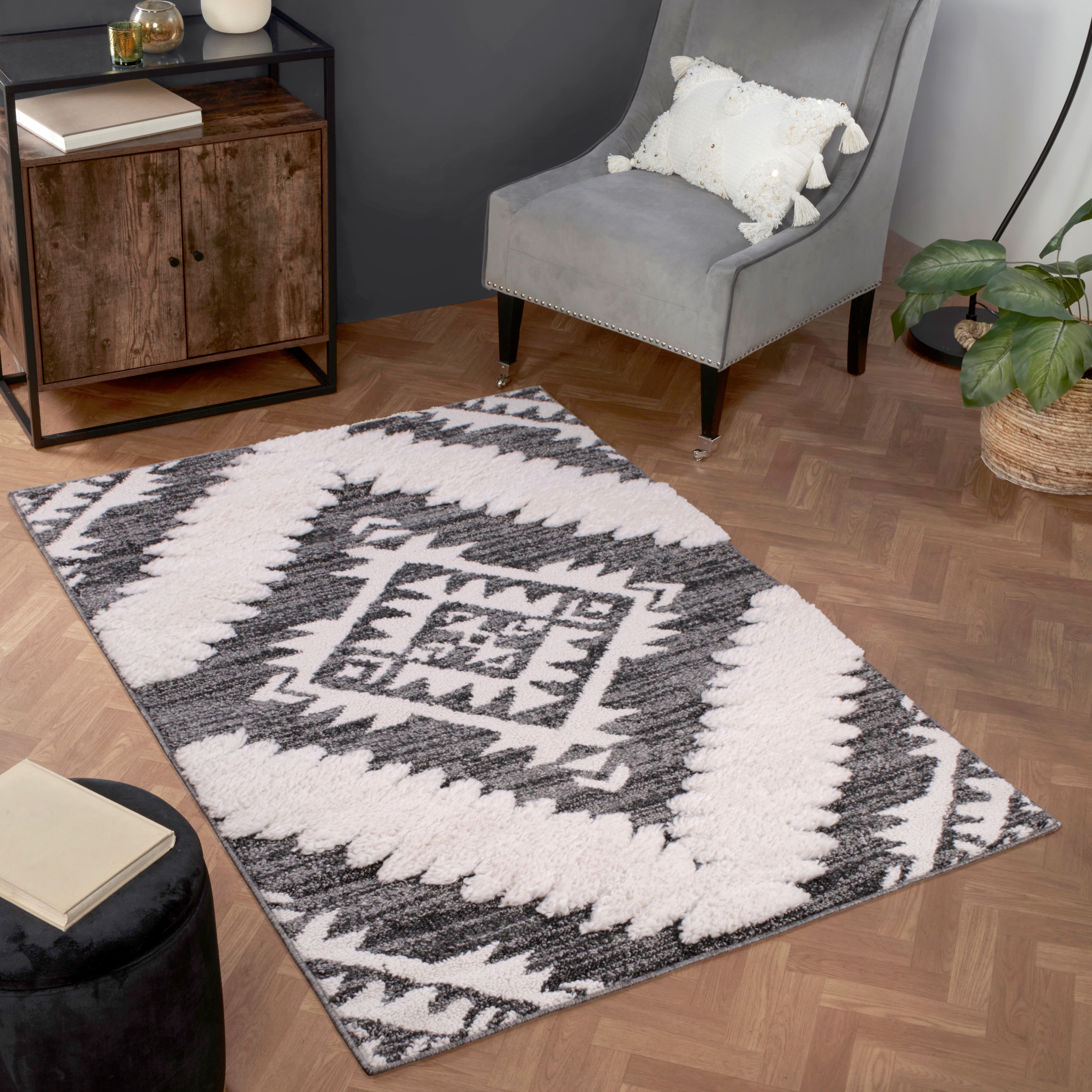 Skandi Oslo Textured Boho Rug In Anthra Grey