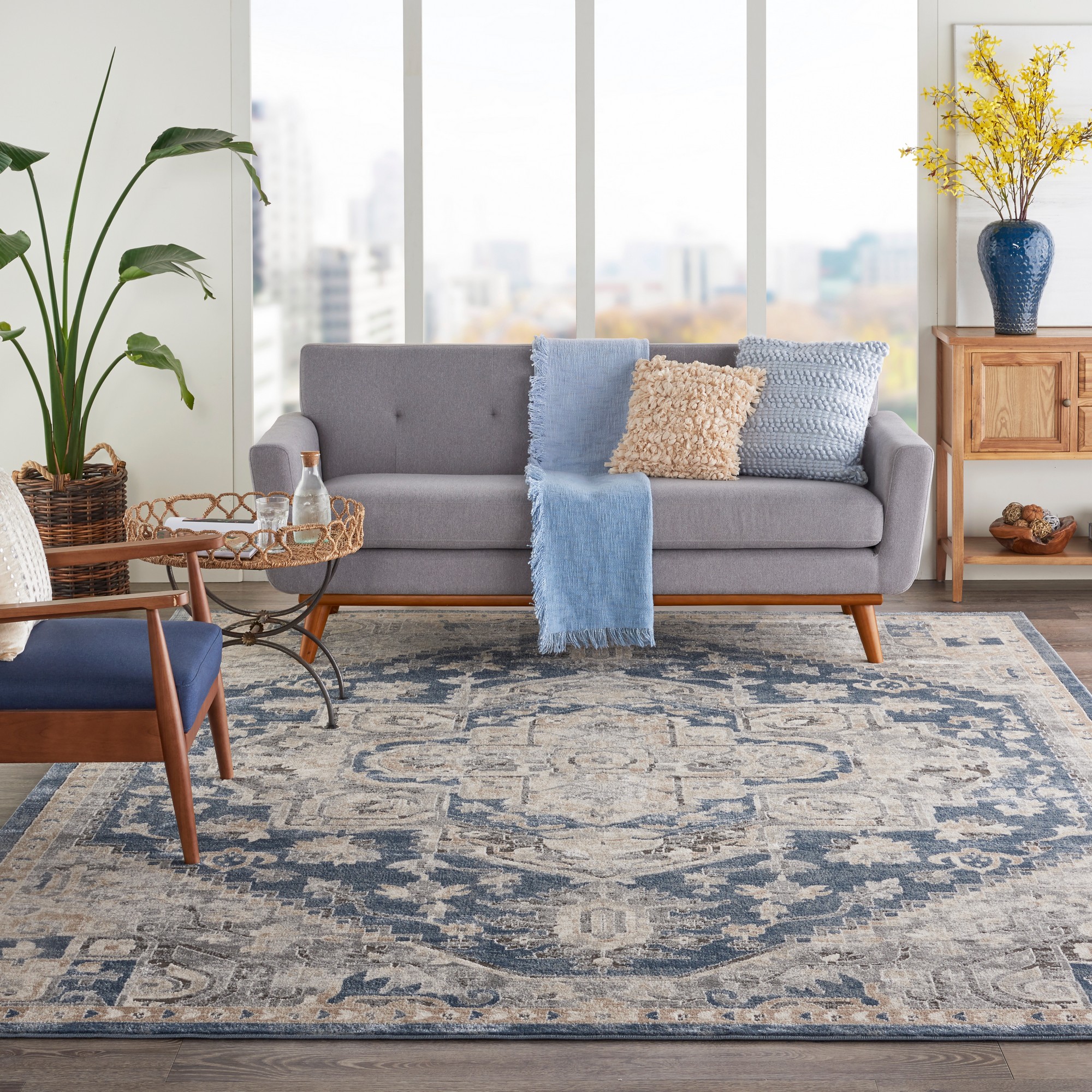 Quarry Modern Print Rugs Qua08 In Ivory Blue By Nourison