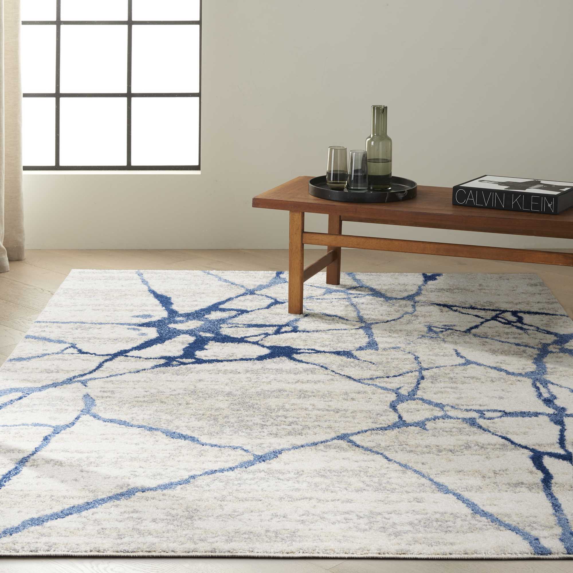 Calvin Klein Abstract Designer Rugs Ck001 River Flow Rfv05 In Ivory Blue