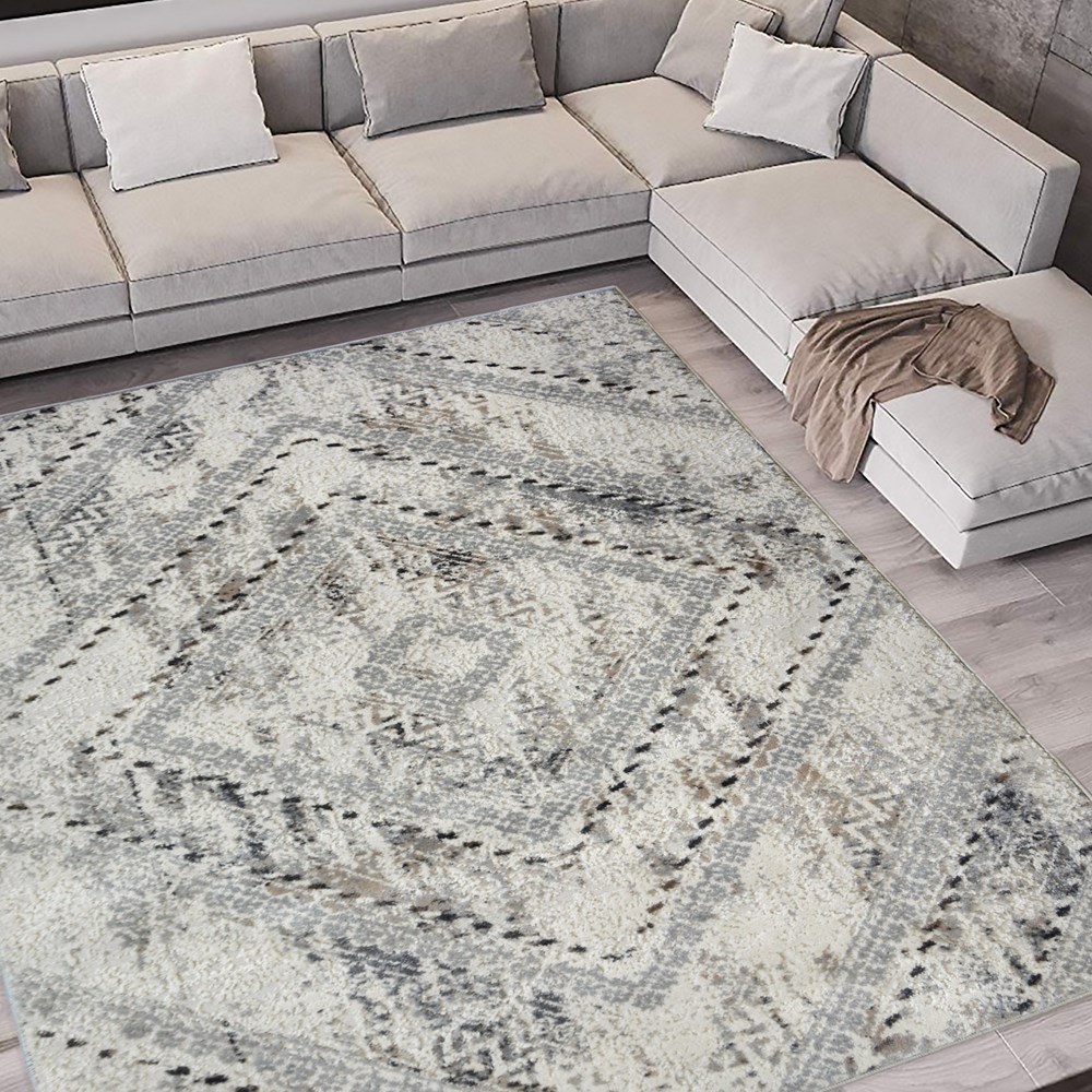 Abstract Square Textured Woven Rugs in Grey