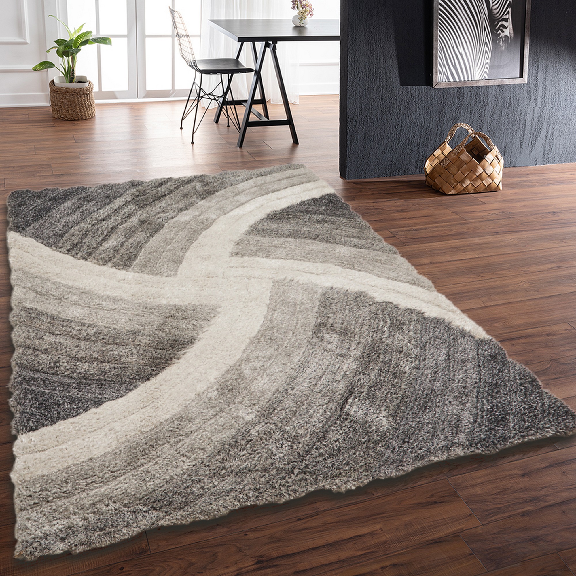 Stella 3d Shaggy Abstract Modern Rugs In Grey