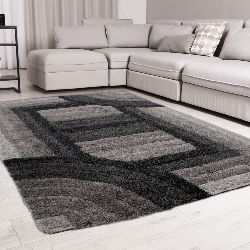 Trellis 3D Shaggy Geometric Modern Rugs in Anthra Grey