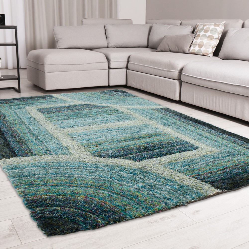 Trellis 3D Shaggy Geometric Modern Rugs in Blue