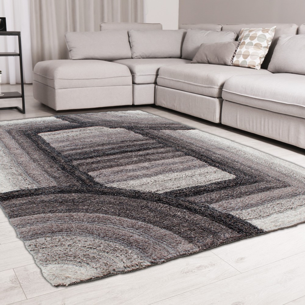 Trellis 3D Shaggy Geometric Modern Rugs in Charcoal Grey