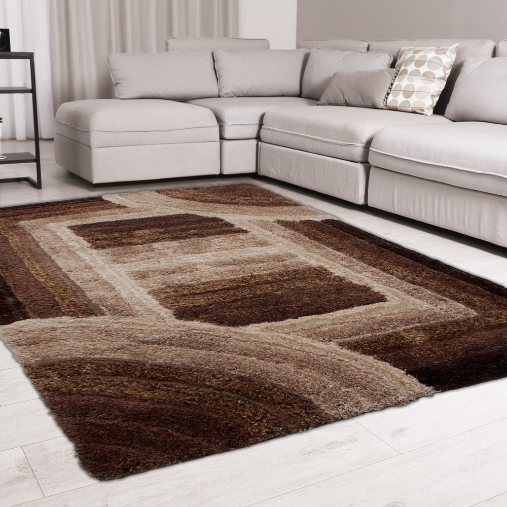 Trellis 3D Shaggy Geometric Modern Rugs in Latte Brown