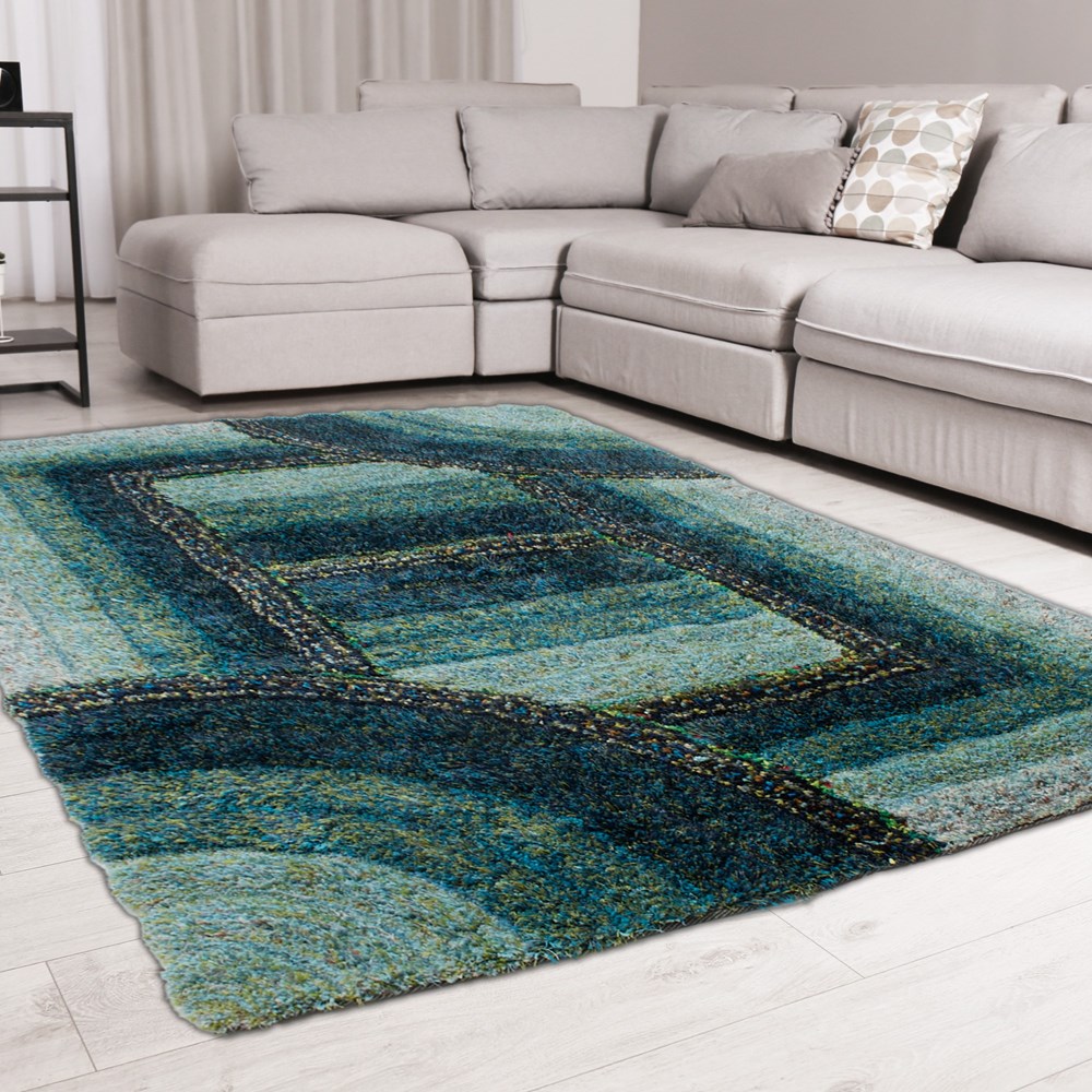 Trellis 3D Shaggy Geometric Modern Rugs in Teal Blue