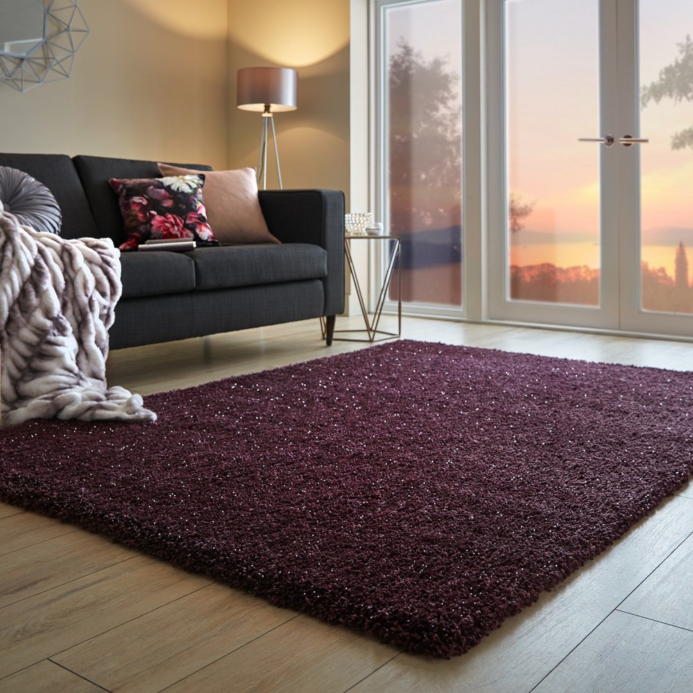 Veloce Modern Shaggy Plain Shimmer Rugs in Purple buy online from the