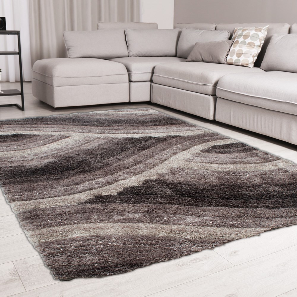 Wave 3D Shaggy Abstract Modern Rugs in Charcoal Grey