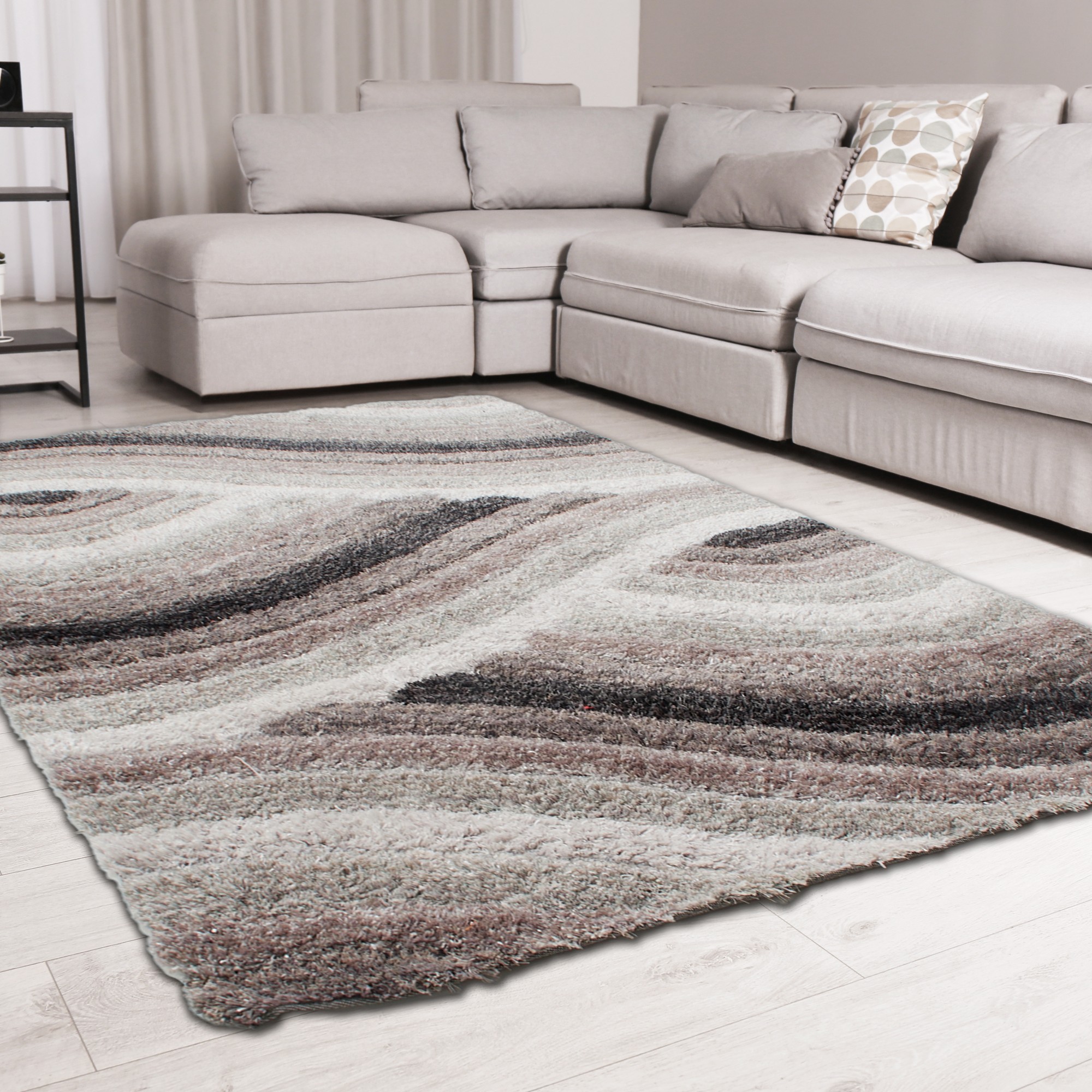 Wave 3d Shaggy Abstract Modern Rugs In Grey