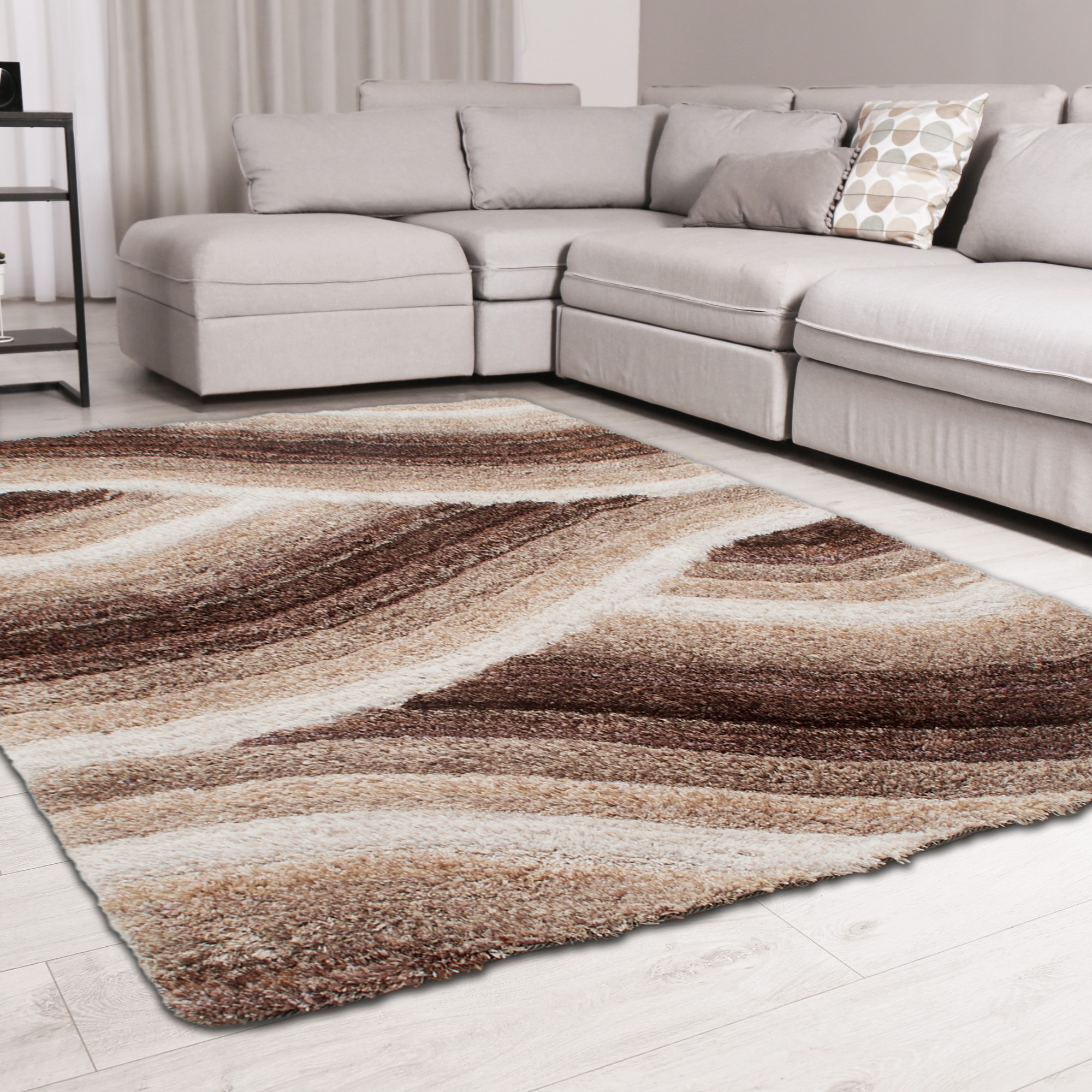 Wave 3d Shaggy Abstract Modern Rugs In Latte Brown