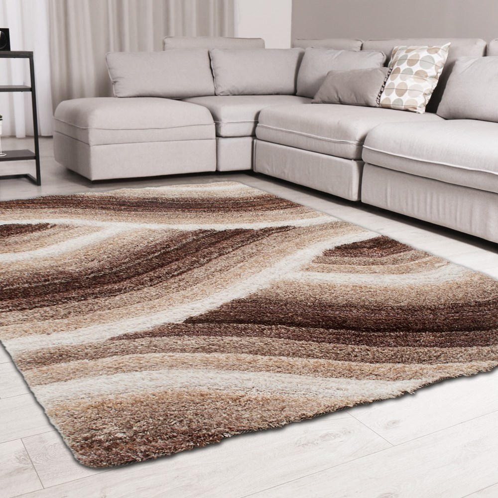 Wave 3D Shaggy Abstract Modern Rugs in Latte Brown