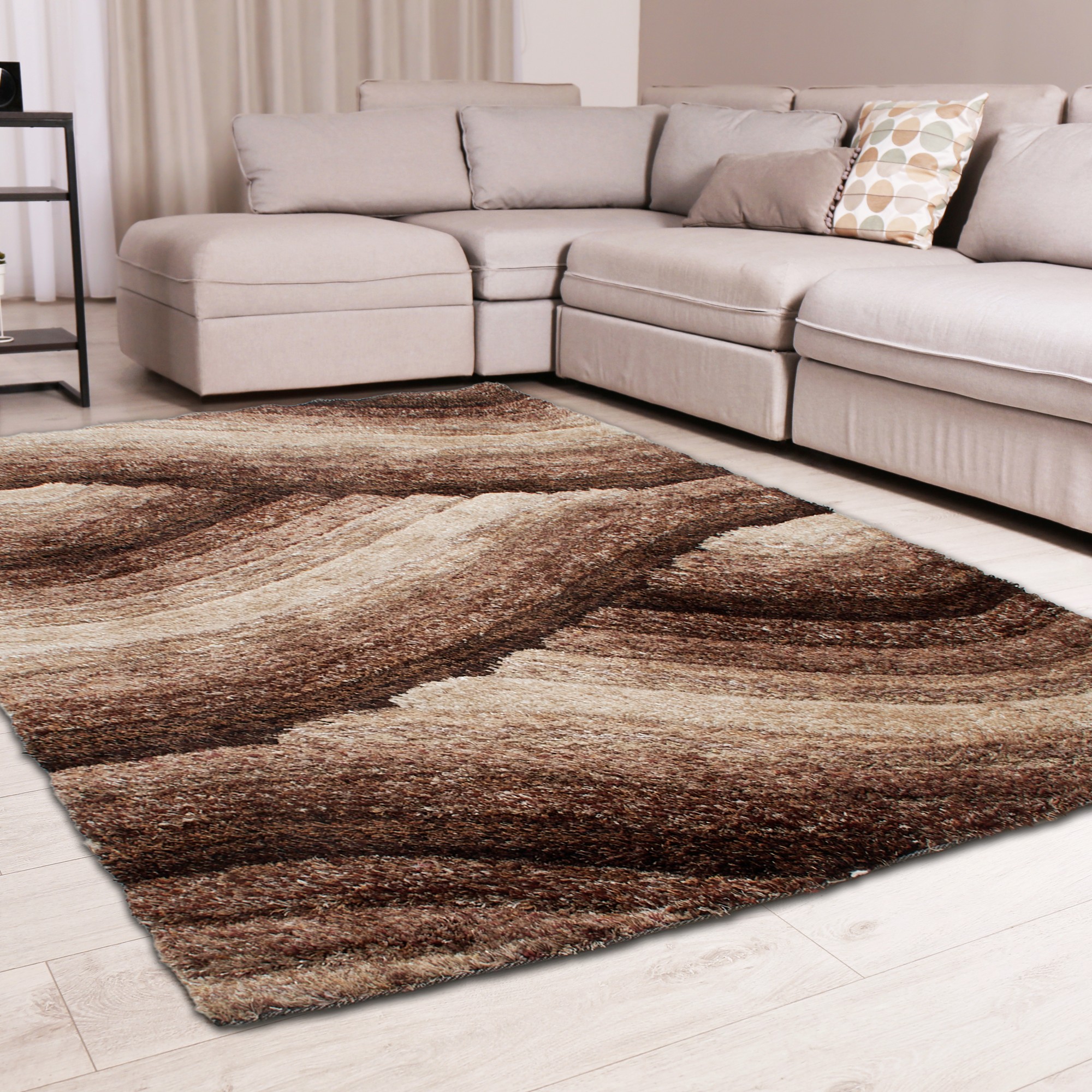 Wave 3d Shaggy Abstract Modern Rugs In Mocha Brown