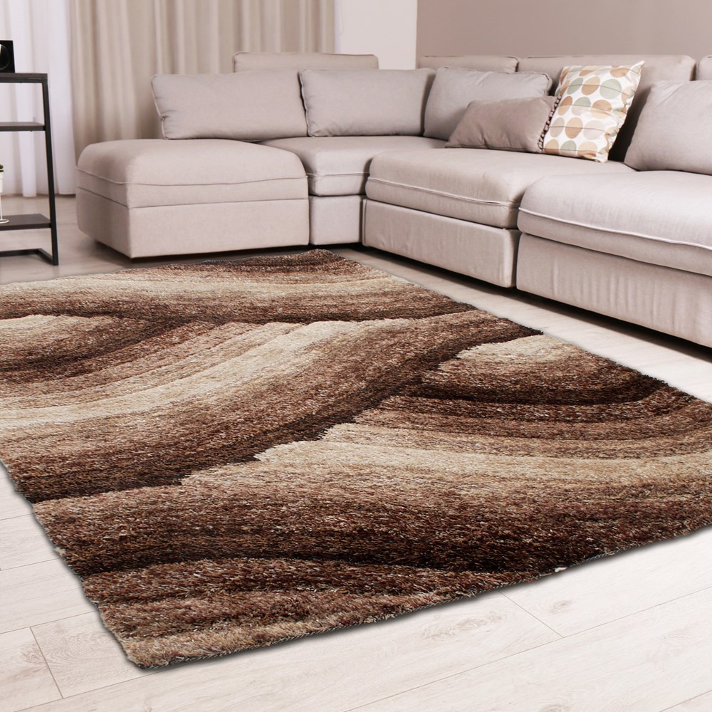 Wave 3D Shaggy Abstract Modern Rugs in Mocha Brown