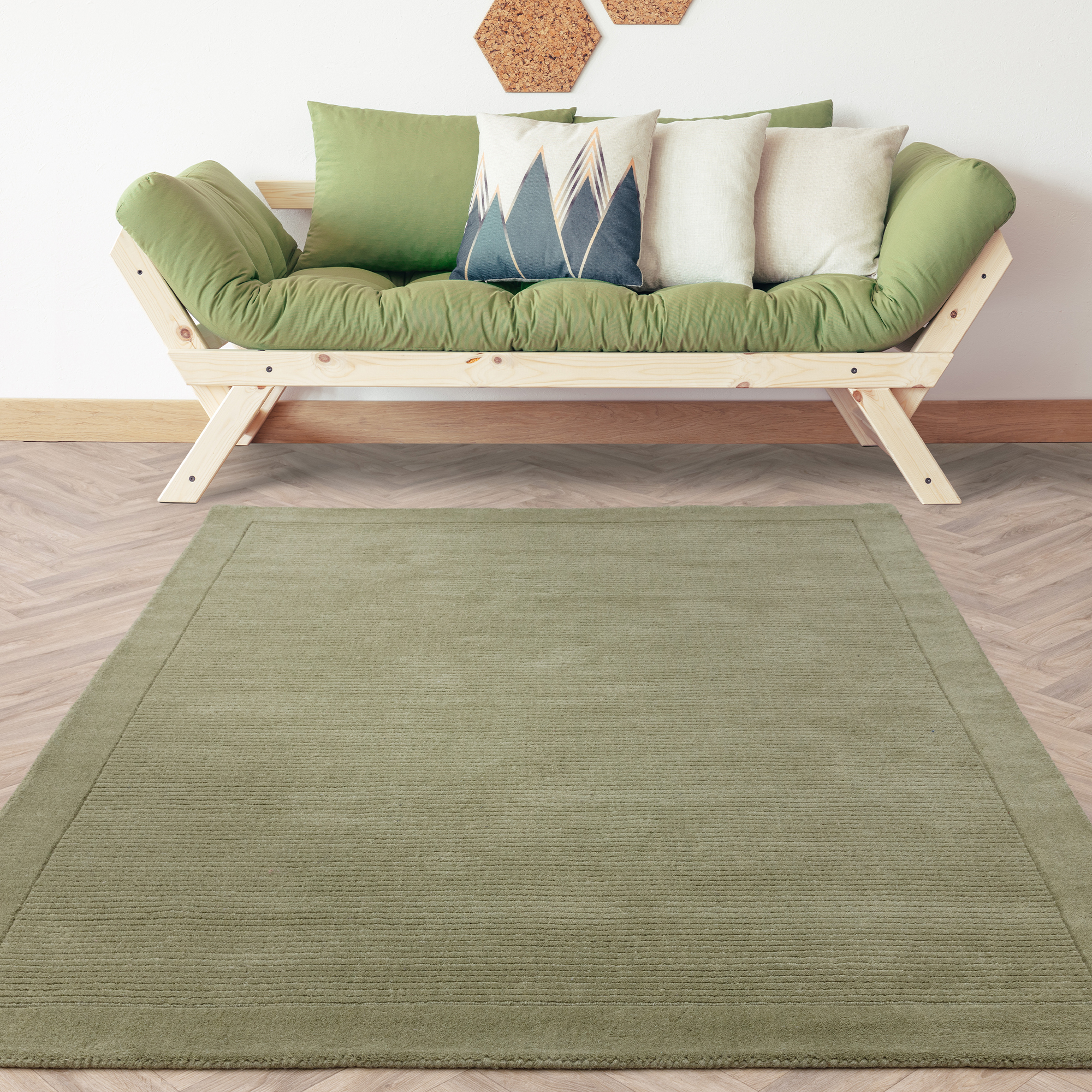 York Plain Wool Bordered Rugs In Sage Green