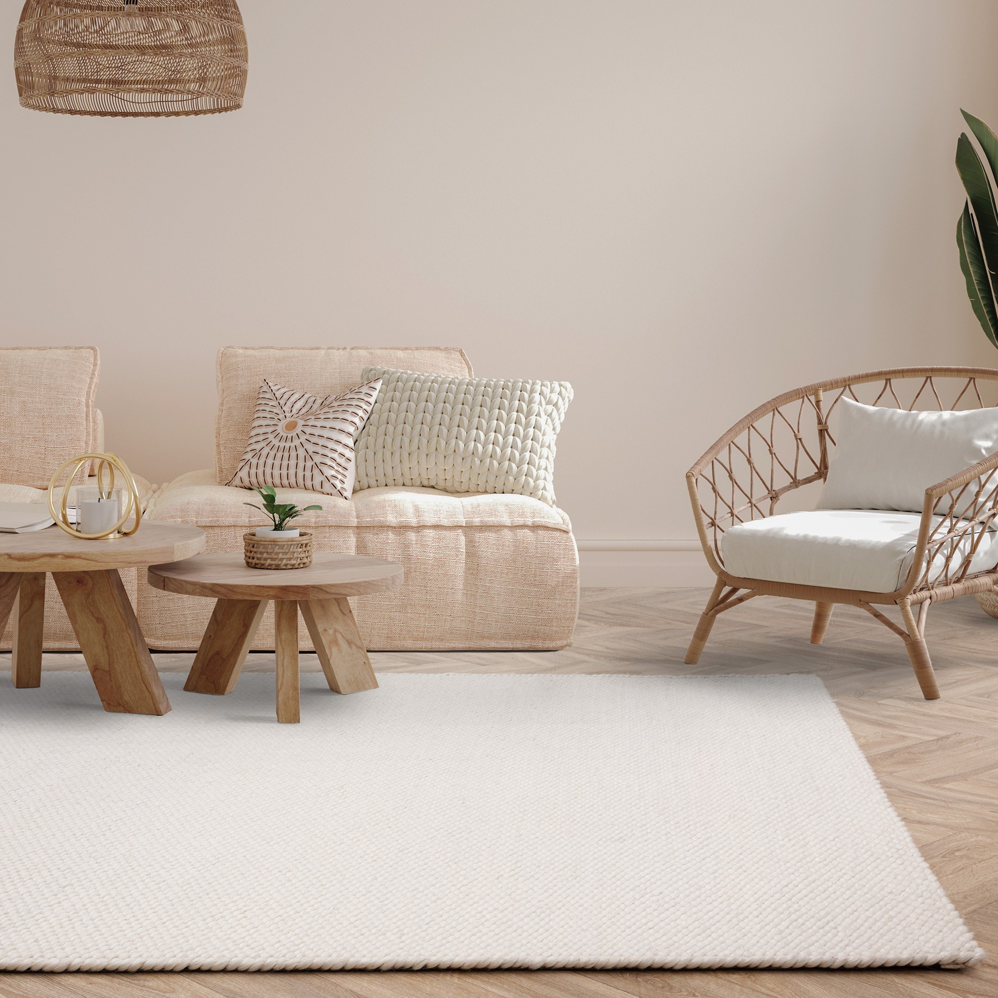 Zander Boho Chunky Wool Plain Rugs In Ivory White