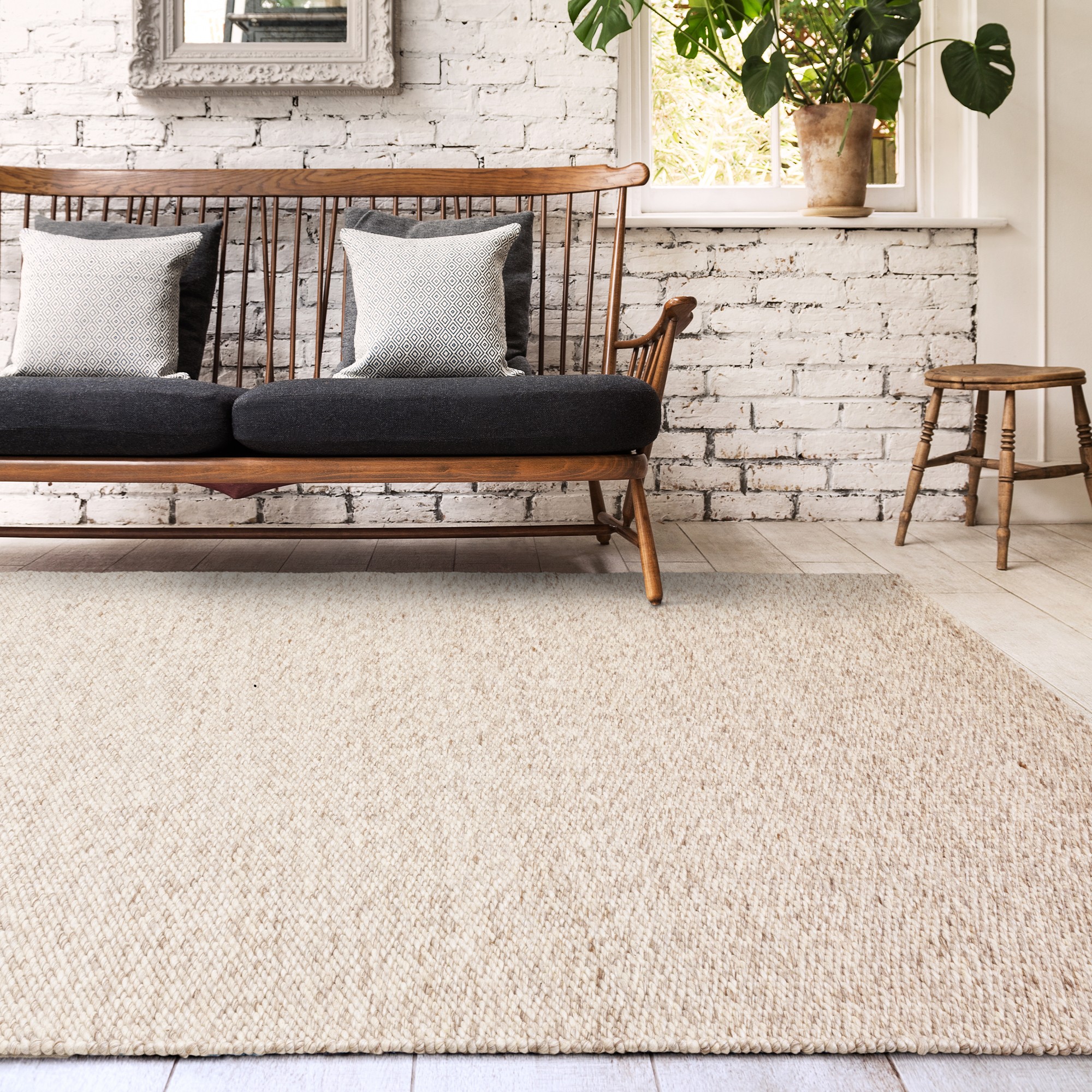 Zander Boho Chunky Wool Plain Rugs In Oyster Natural